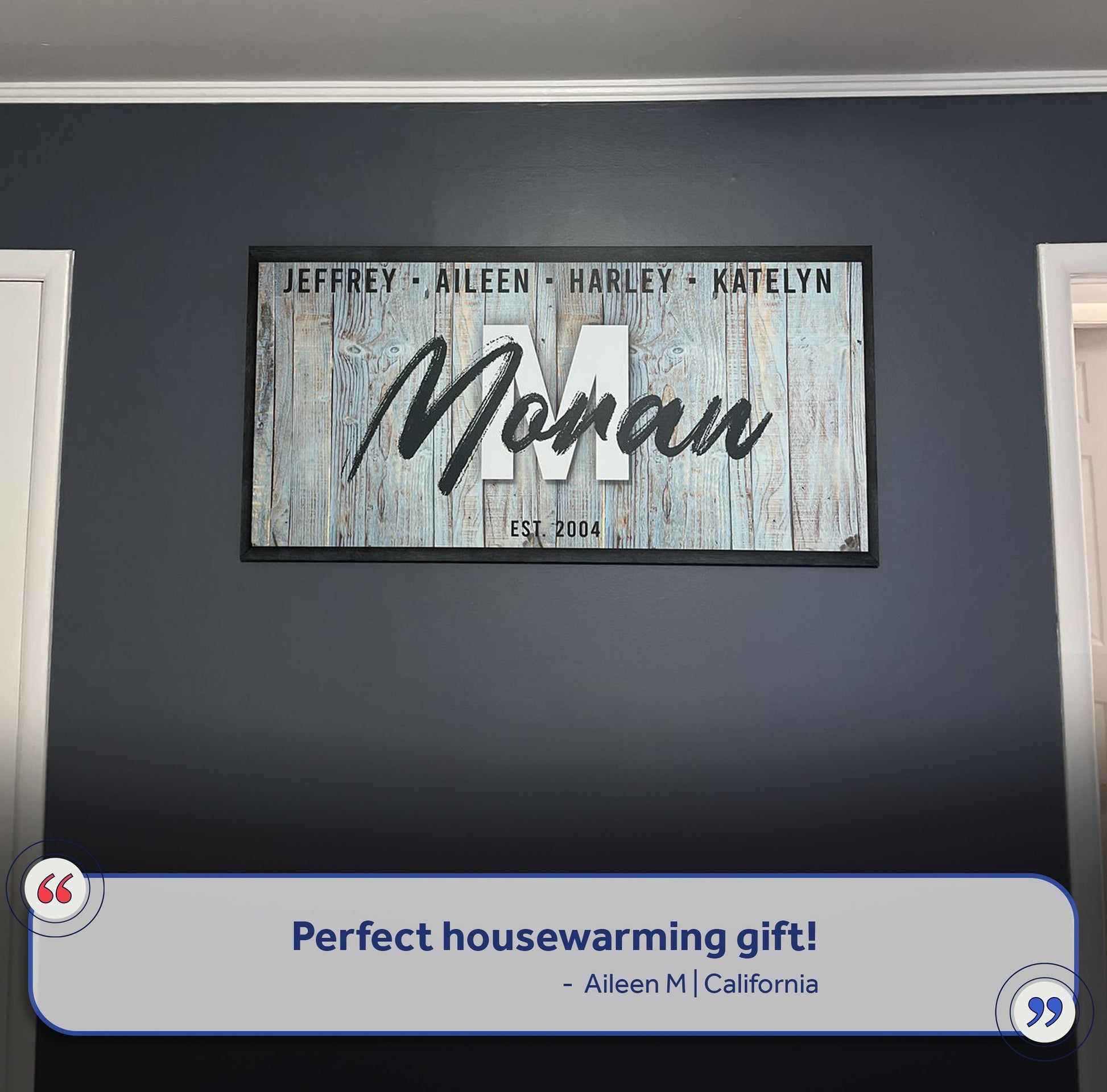 Canvas family wood sign IV with blue weathered planks and bold Mom script EST 2004 on Tampa Home & Garden Store