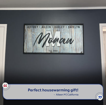 Canvas family wood sign IV with blue weathered planks and bold Mom script EST 2004 on Tampa Home & Garden Store