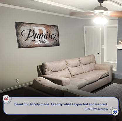 Family Last Name Sign canvas wall art by Tailored Canvases; rustic beige backdrop on Tampa Home & Garden Store