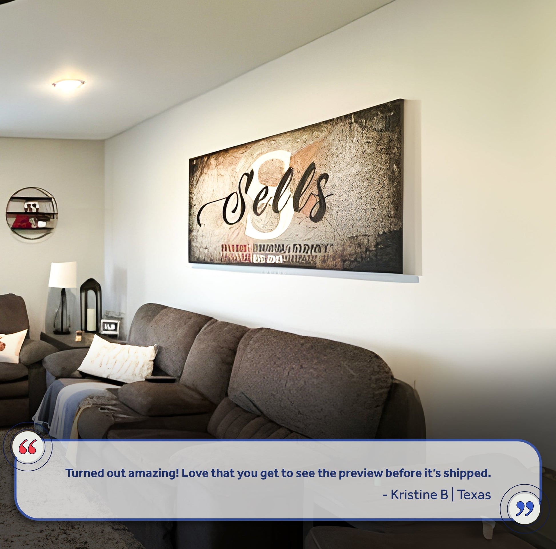 Family Last Name Sign canvas by Tailored Canvases hanging above sofa in a modern living room on Tampa Home & Garden Store