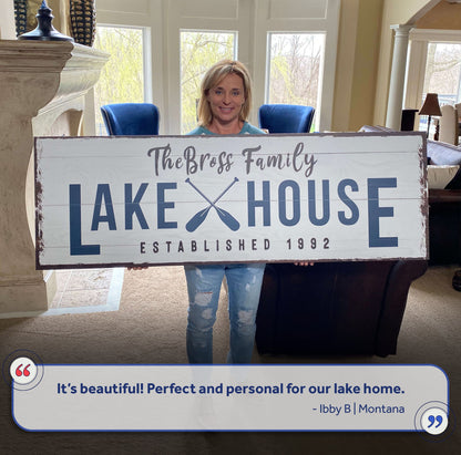 Family Lake House Arrow Sign II canvas craft sign with white background and LAKE HOUSE lettering on Tampa Home & Garden Store