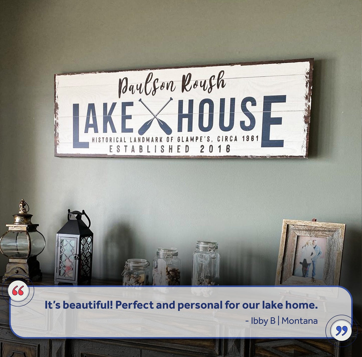 Canvas sign Family Lake House Arrow Sign II white plank navy lettering Tailored Canvases on Tampa Home & Garden Store