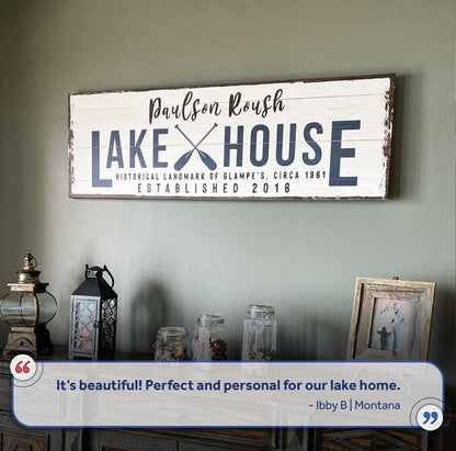 Canvas sign Family Lake House Arrow Sign II white plank navy lettering Tailored Canvases on Tampa Home & Garden Store