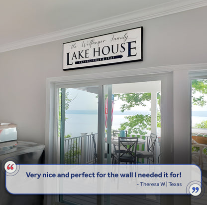 Family Lake House Arrow Sign III canvas wall art by Tailored Canvases with white panel on Tampa Home & Garden Store