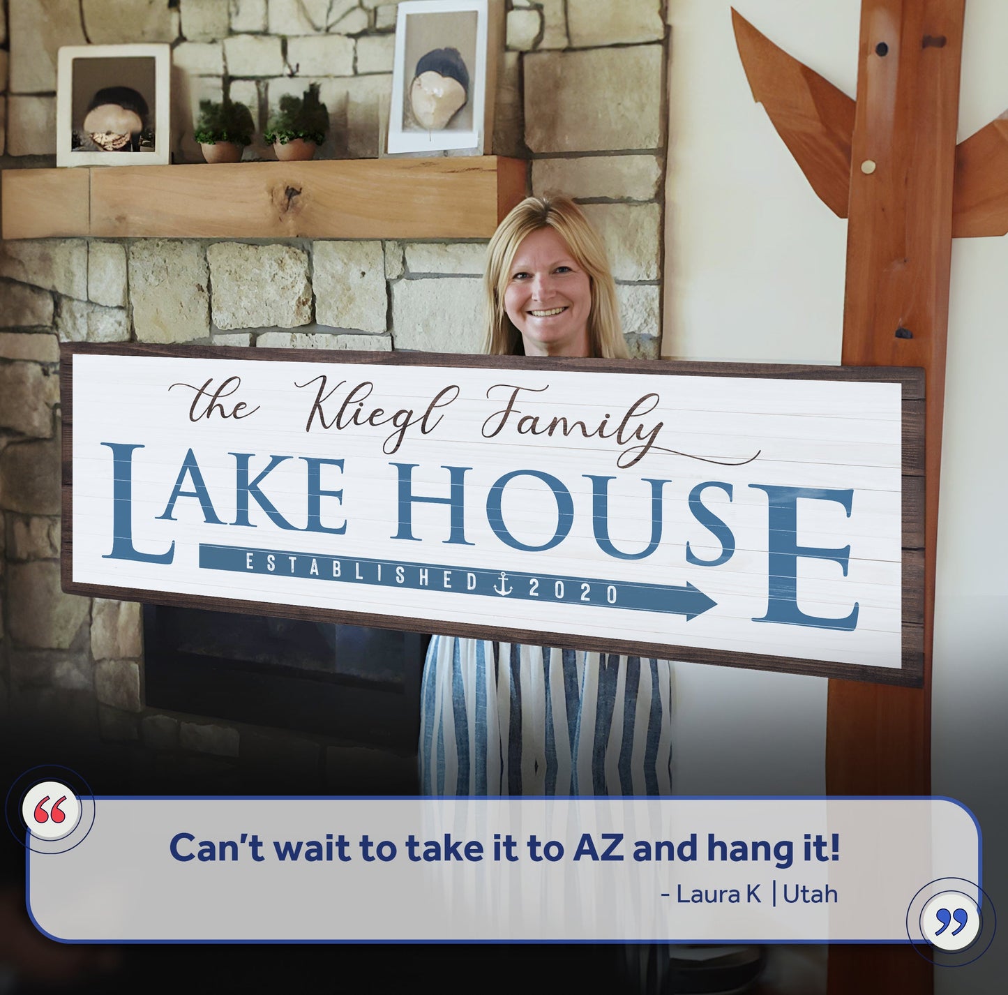 Canvas sign Family Lake House Arrow Sign III with blue LAKE HOUSE text and wood frame on Tampa Home & Garden Store