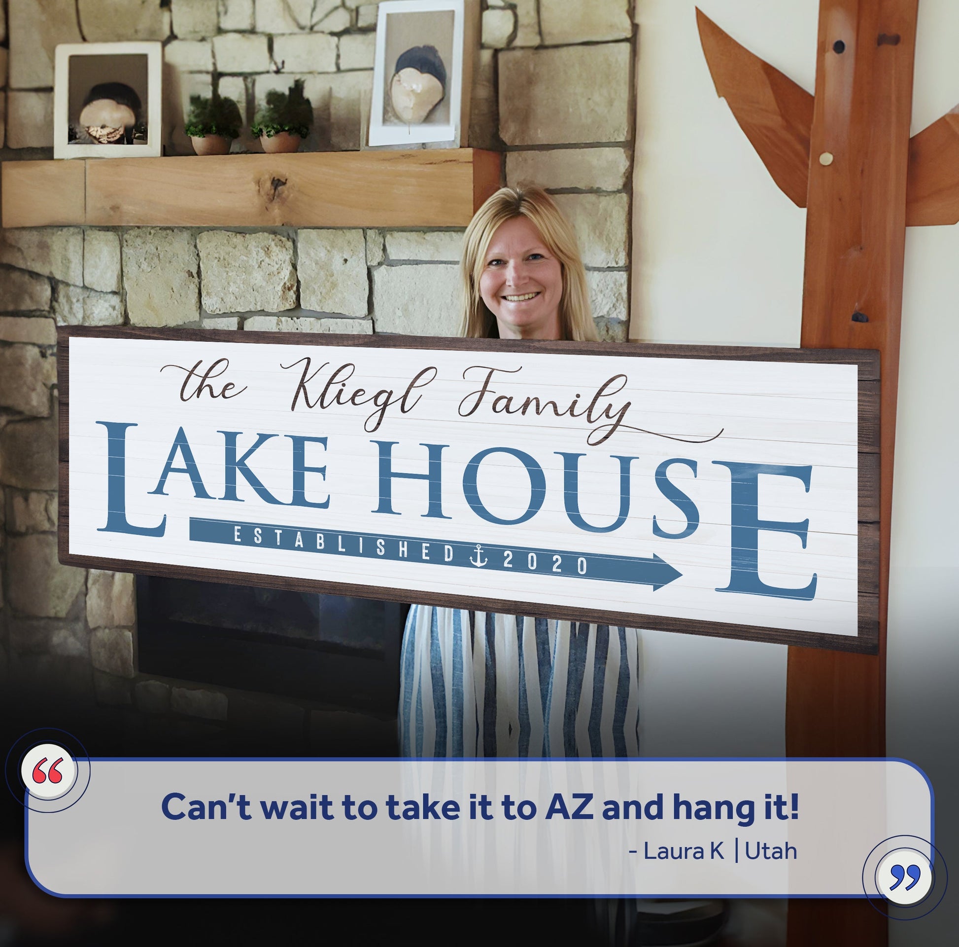 Canvas sign Family Lake House Arrow Sign III with blue LAKE HOUSE text and wood frame on Tampa Home & Garden Store