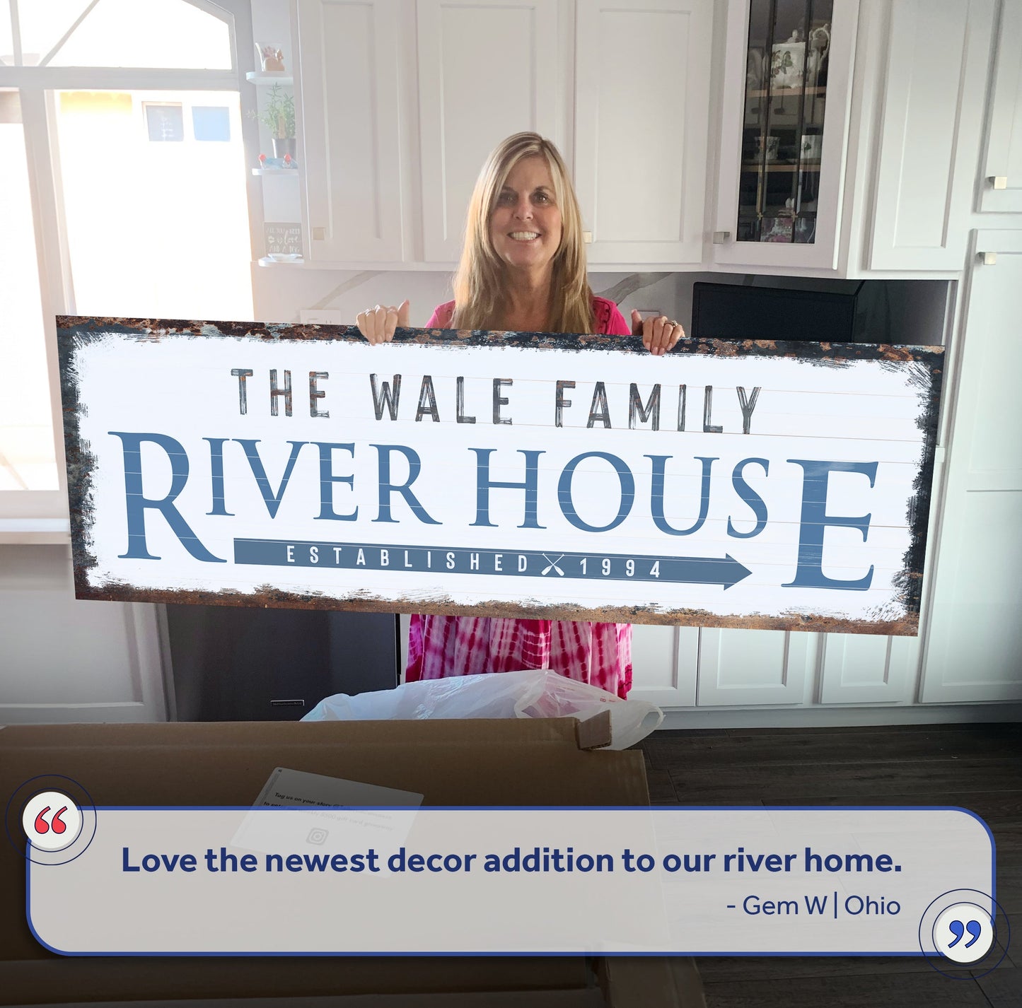 Canvas sign Family River House Arrow Sign by Tailored Canvases, blue lettering on Tampa Home & Garden Store