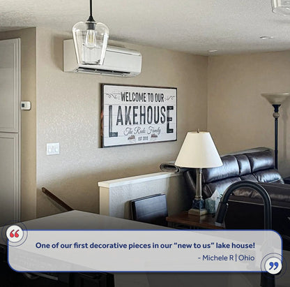 Canvas sign Welcome To Our Lakehouse by Tailored Canvases, black-and-white decor over sofa on Tampa Home & Garden Store