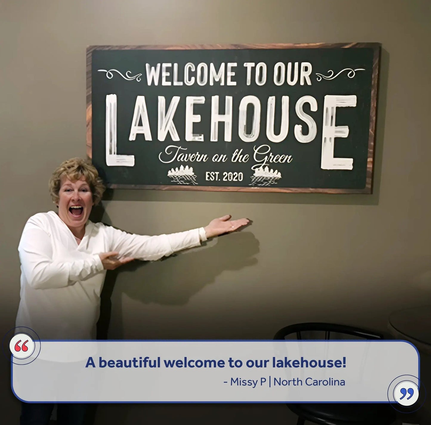 Welcome To Our Lakehouse canvas sign by Tailored Canvases; dark green panel with white letters on Tampa Home & Garden Store