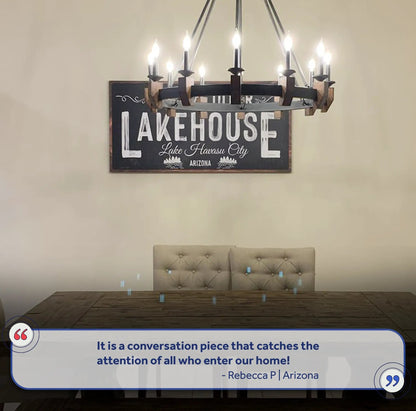 Welcome To Our Lakehouse Sign II Tailored Canvases canvas rustic black sign with white lettering on Tampa Home & Garden Store