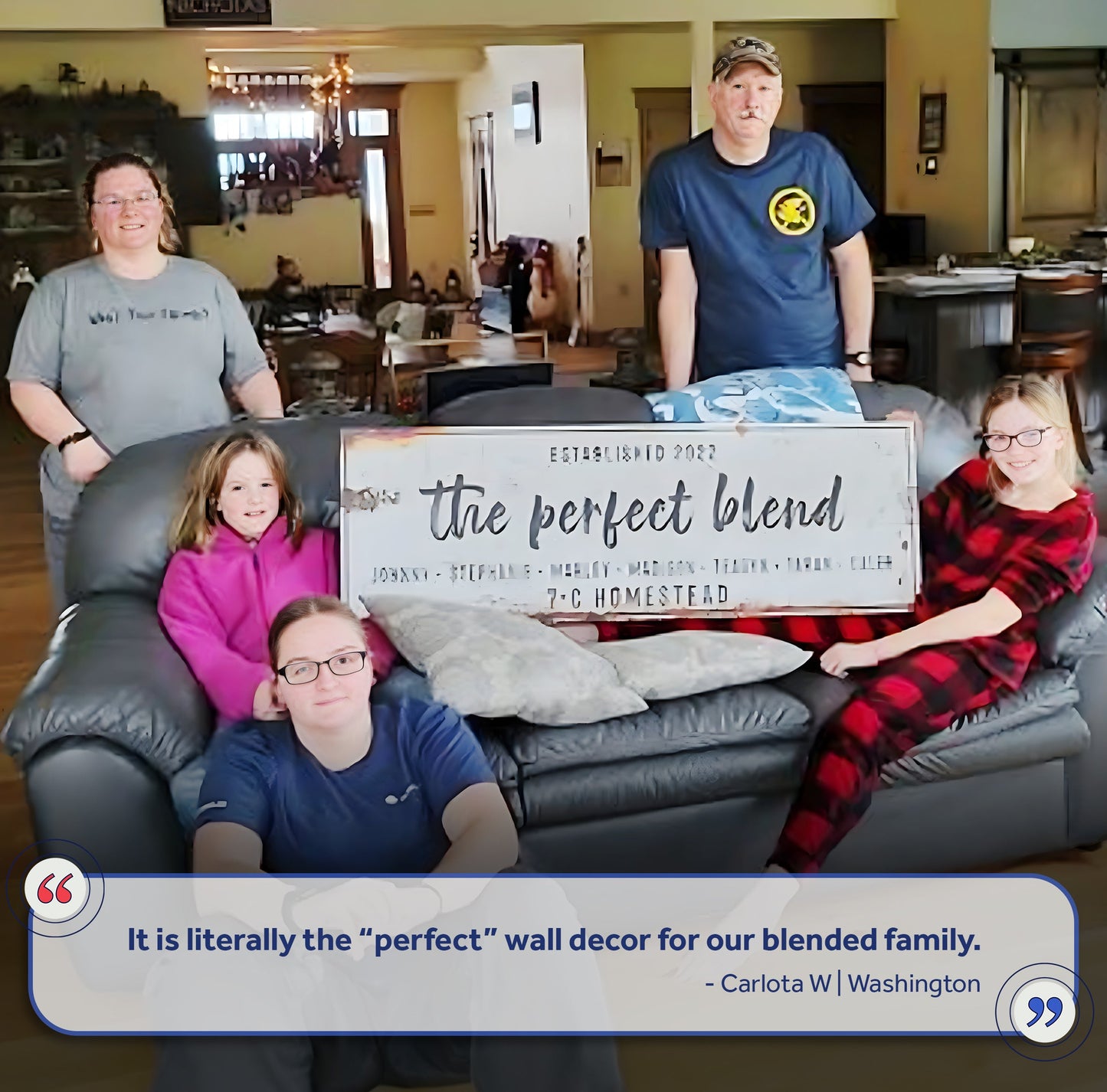 The Perfect Blend Sign canvas by Tailored Canvases, white canvas with black script indoors on Tampa Home & Garden Store