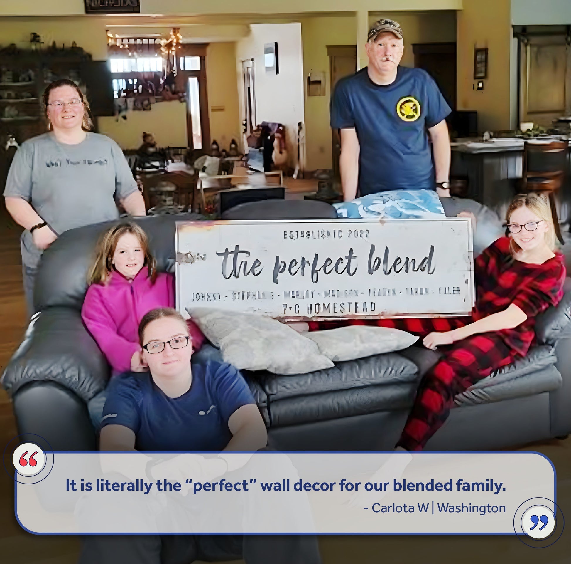 The Perfect Blend Sign canvas by Tailored Canvases, white canvas with black script indoors on Tampa Home & Garden Store