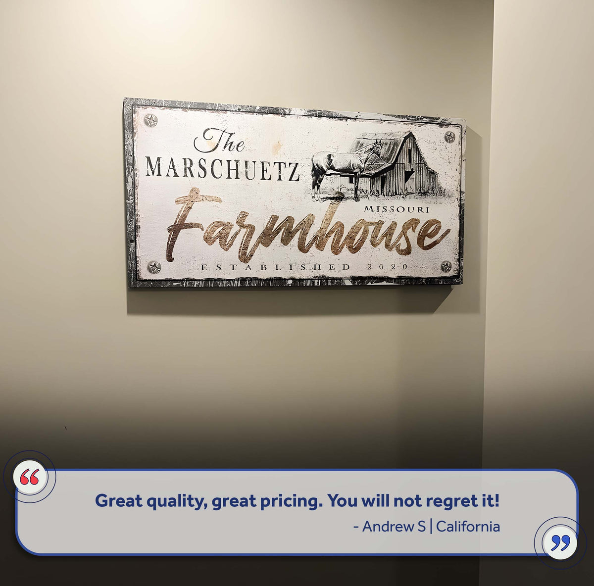 Canvas Rustic Horse Farmhouse Sign III by Tailored Canvases, distressed white with horse barn art on Tampa Home & Garden Store