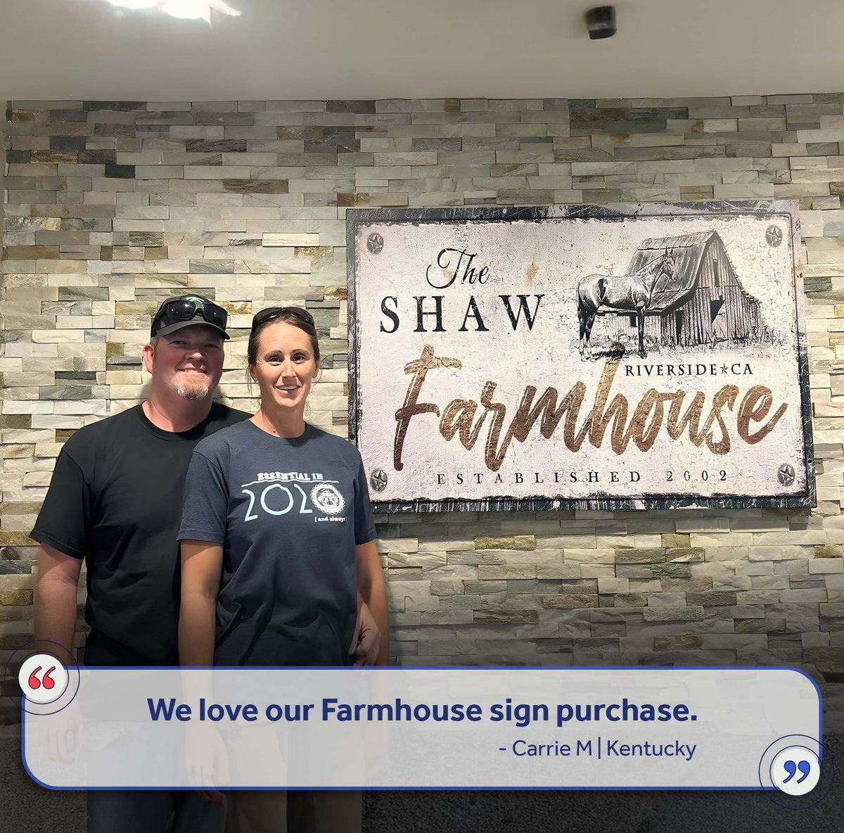 Rustic Horse Farmhouse Sign III canvas by Tailored Canvases; couple with sign on stone wall on Tampa Home & Garden Store