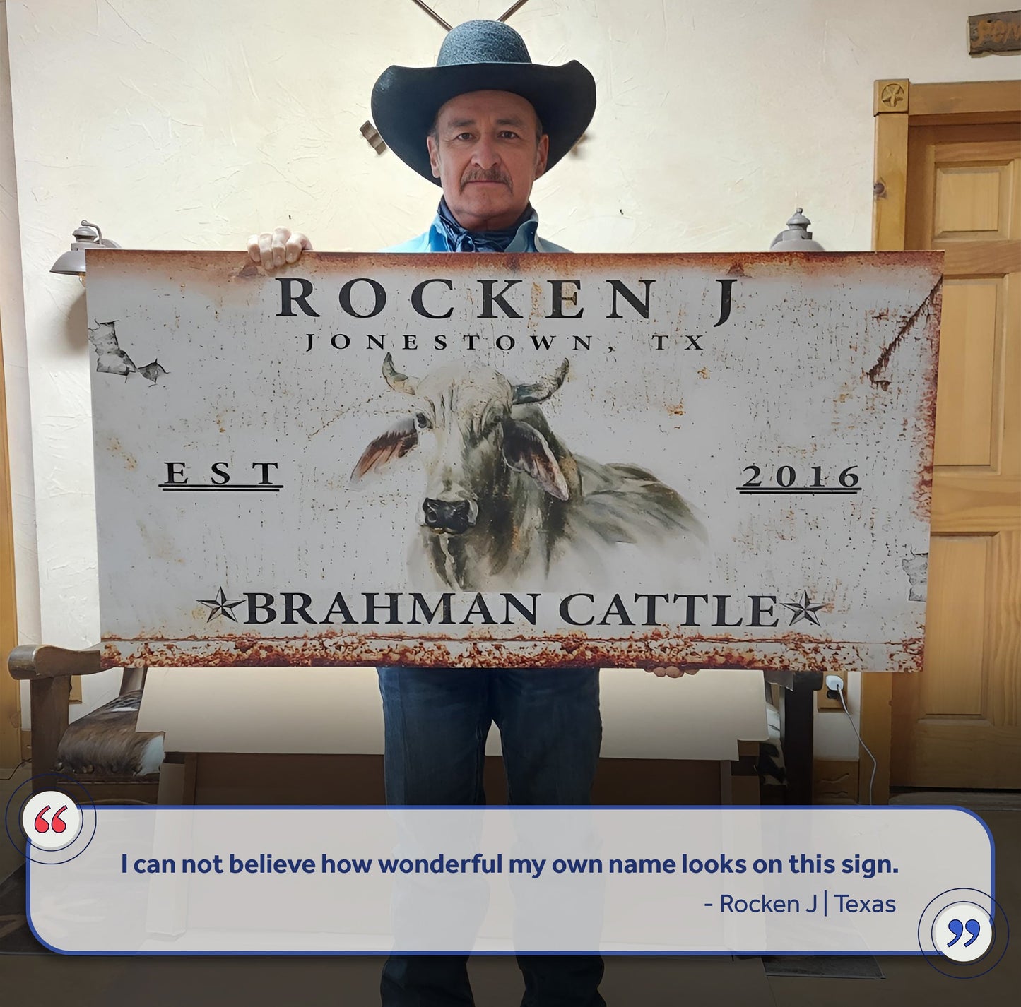 Brahman Cattle Sign II canvas crafting sign with rustic weathered edge held by man in cowboy hat on Tampa Home & Garden Store