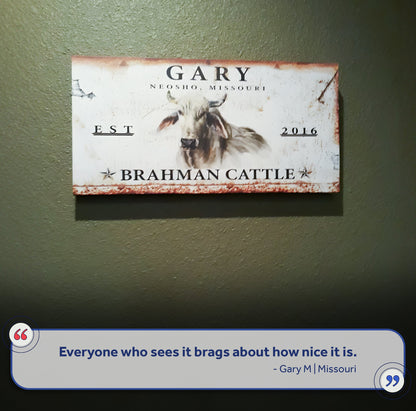 Brahman Cattle Sign II canvas by Tailored Canvases with rustic rusted border on Tampa Home & Garden Store