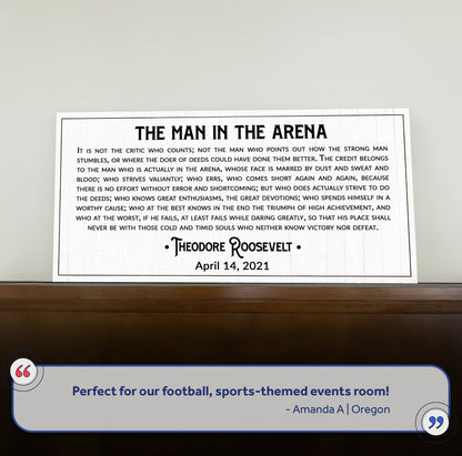 Canvas sign The Man In The Arena VIII by Tailored Canvases with bold title on wood panel on Tampa Home & Garden Store