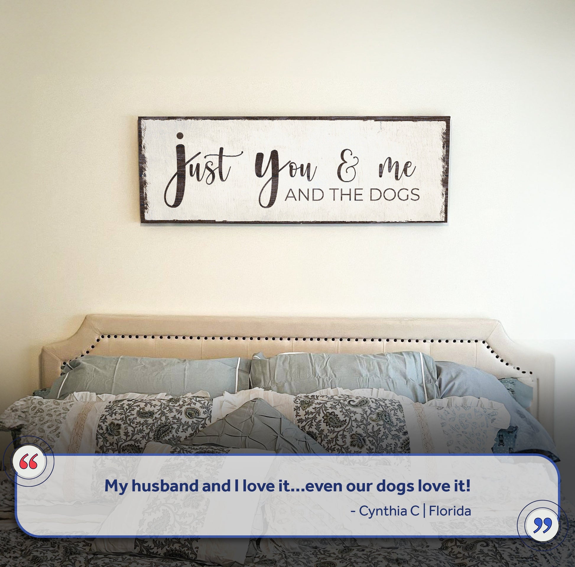 Just You, Me, And The Dogs Sign II canvas by Tailored Canvases in white distressed finish on Tampa Home & Garden Store