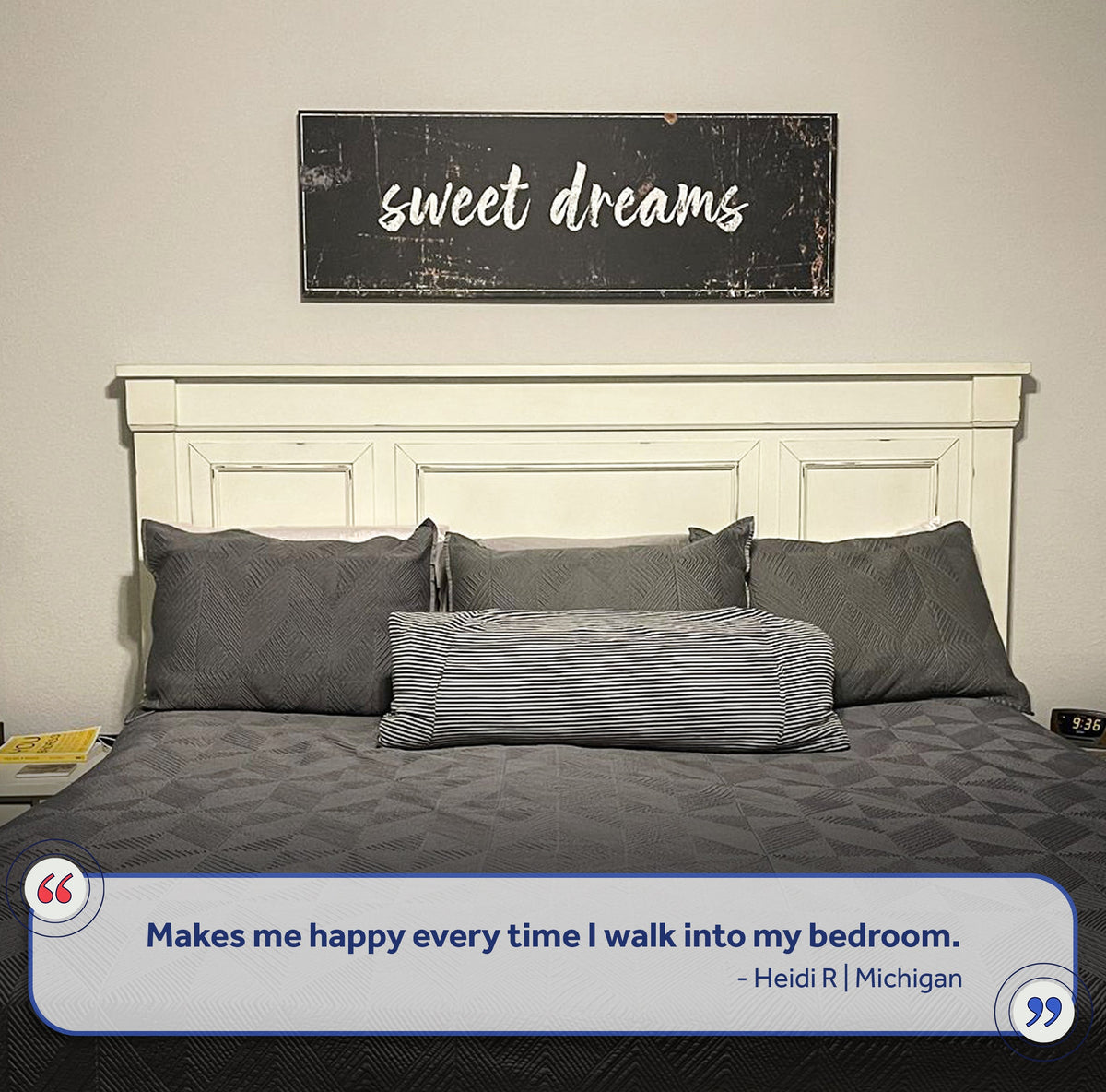 Tailored Canvases Sweet Dreams Sign IV canvas wall art above white headboard on Tampa Home & Garden Store