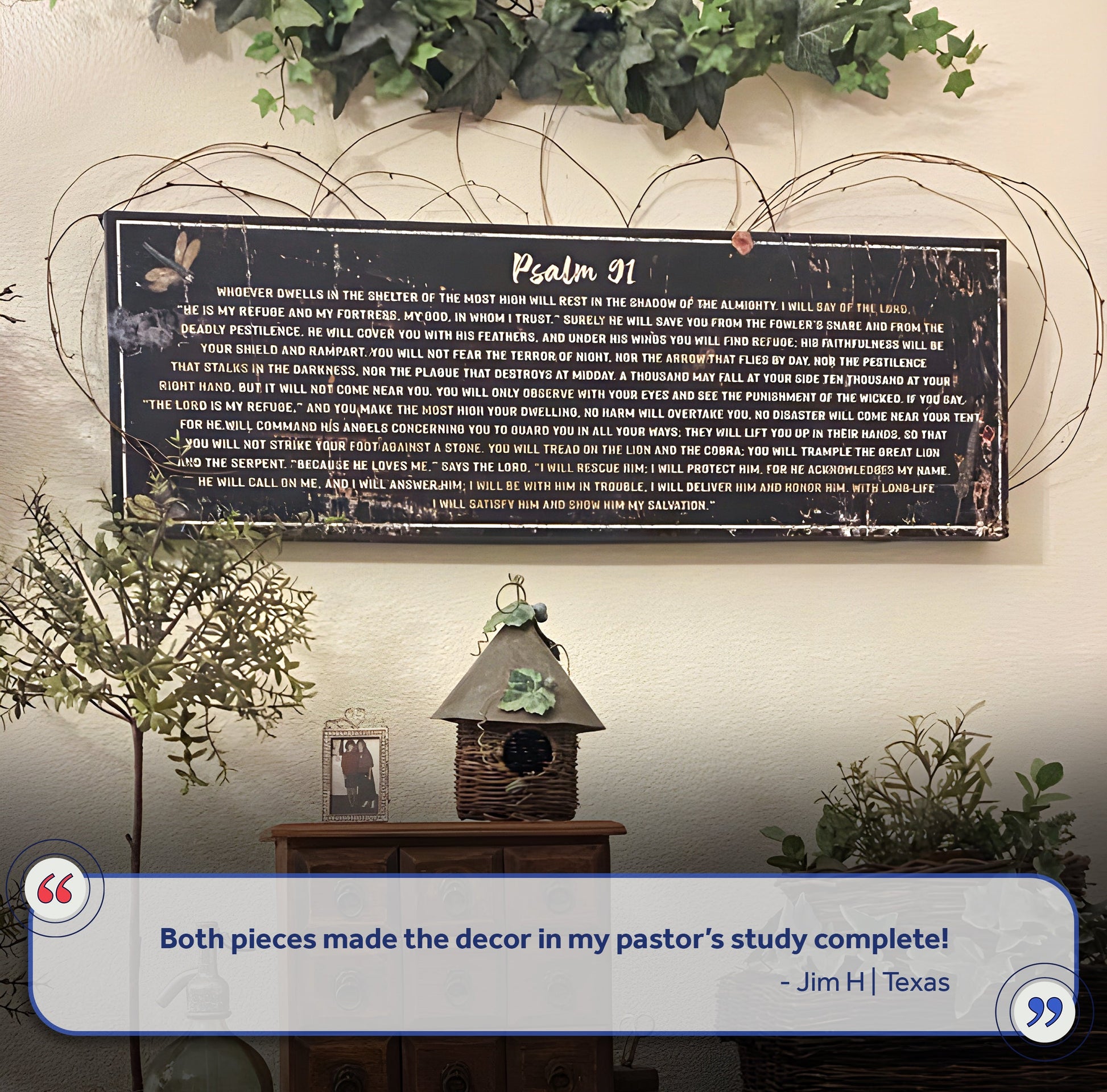 Psalm 91 He Is My Refuge Sign II canvas by Tailored Canvases, black with white scripture text on Tampa Home & Garden Store