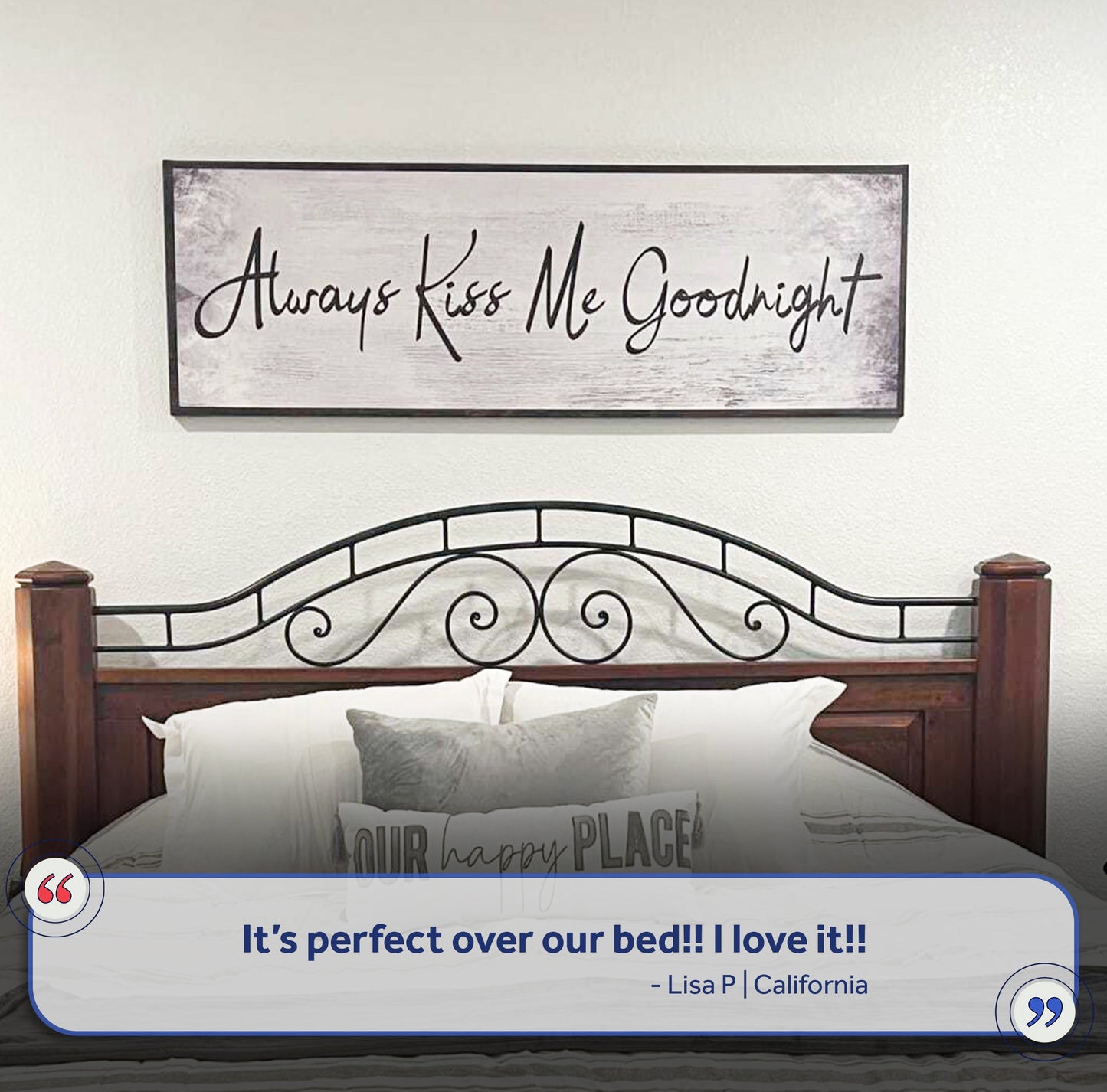 Always Kiss Me Goodnight canvas sign by Tailored Canvases, rustic white framed wall art above bed on Tampa Home & Garden Store