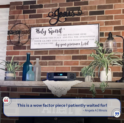 Holy Spirit You Are Welcome Here Sign canvas by Tailored Canvases, white distressed panel on Tampa Home & Garden Store