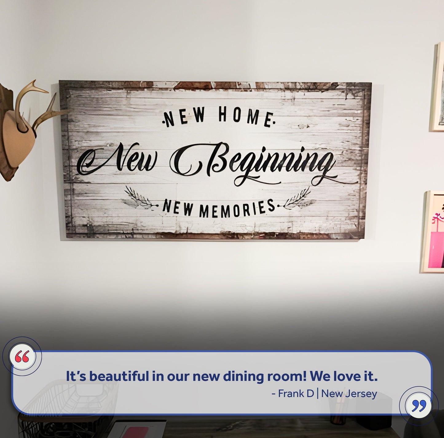 Canvas sign New Home New Beginning with white wood and black script Tailored Canvases on Tampa Home & Garden Store