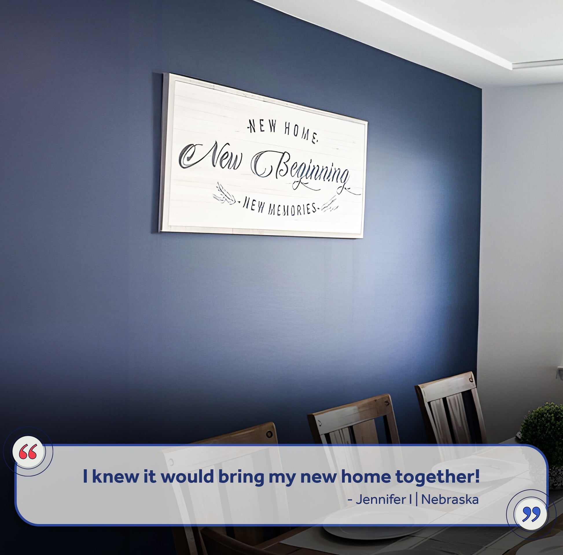 New Home New Beginning Sign III canvas with white frame and black script on navy wall on Tampa Home & Garden Store