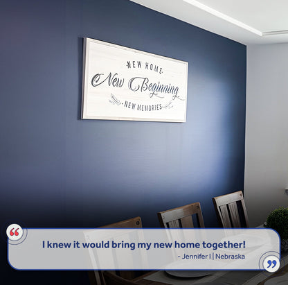 New Home New Beginning Sign III canvas with white frame and black script on navy wall on Tampa Home & Garden Store