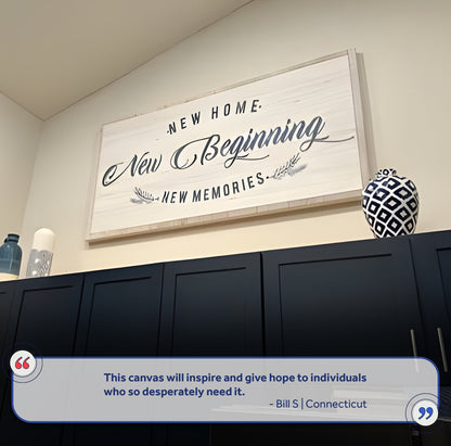 New Home New Beginning Sign III canvas by Tailored Canvases; white planks with black script on Tampa Home & Garden Store