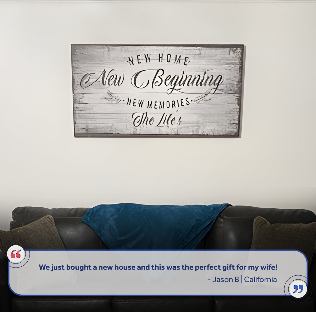 New Home, New Beginning Sign IV canvas by Tailored Canvases with rustic wood backdrop on Tampa Home & Garden Store