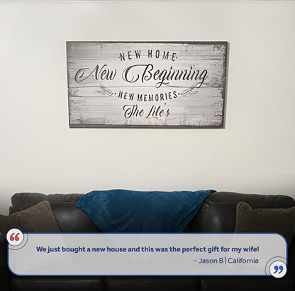 New Home, New Beginning Sign IV canvas by Tailored Canvases with rustic wood backdrop on Tampa Home & Garden Store