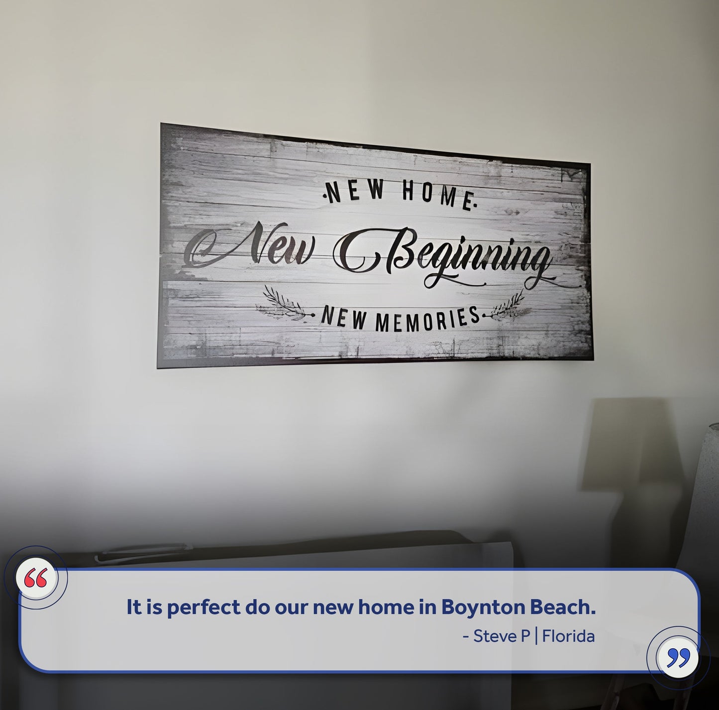 Canvas wall sign with rustic wood plank motif reading New Home New Beginning by Tailored Canvases on Tampa Home & Garden Store