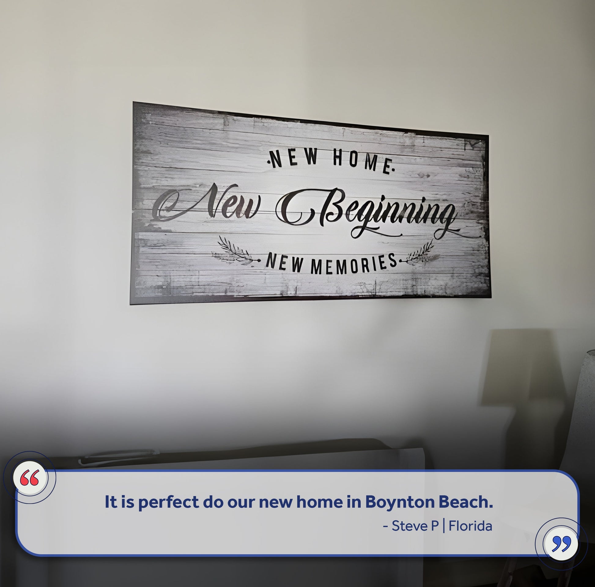 Canvas wall sign with rustic wood plank motif reading New Home New Beginning by Tailored Canvases on Tampa Home & Garden Store