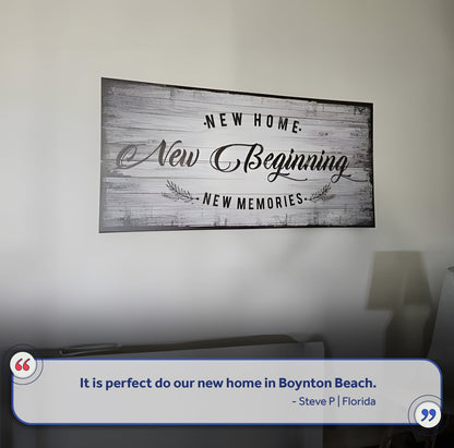 Canvas wall sign with rustic wood plank motif reading New Home New Beginning by Tailored Canvases on Tampa Home & Garden Store