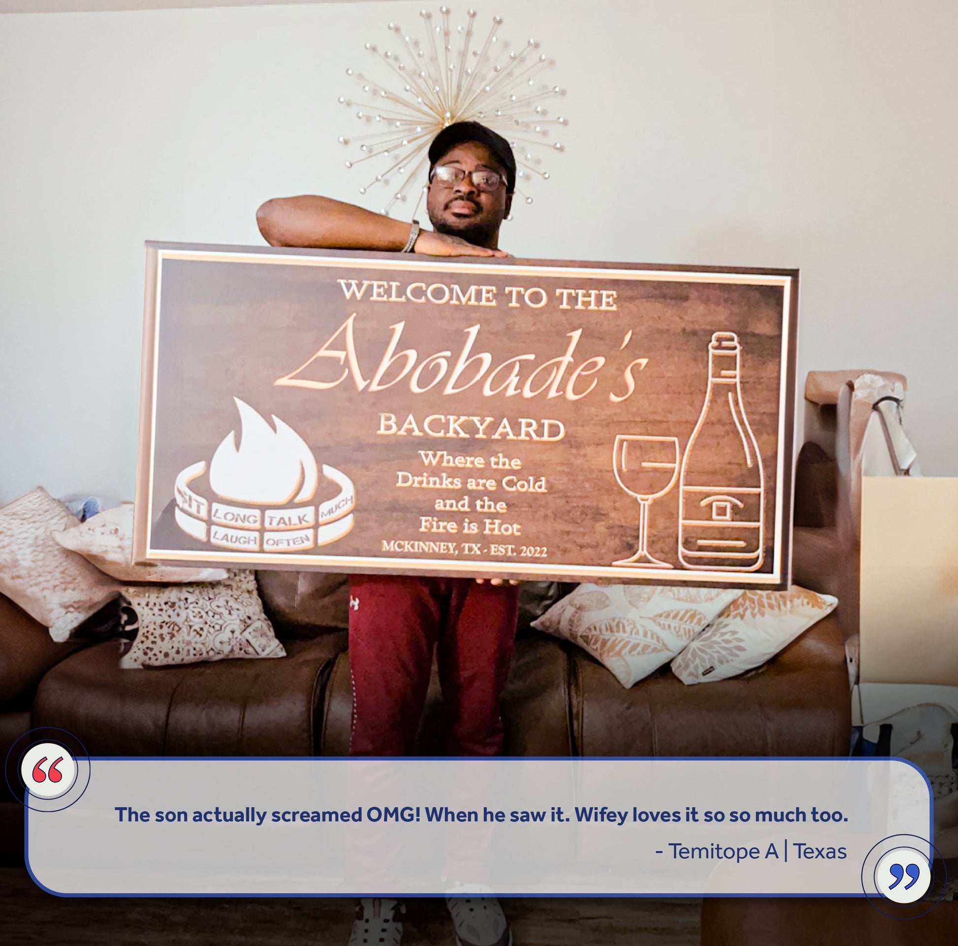 Backyard Sign II canvas by Tailored Canvases with welcoming text and wine motif held by a person on Tampa Home & Garden Store