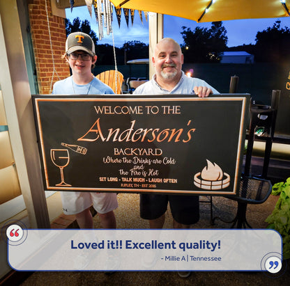 Backyard Sign canvas by Tailored Canvases with Anderson's text, held by two people on Tampa Home & Garden Store