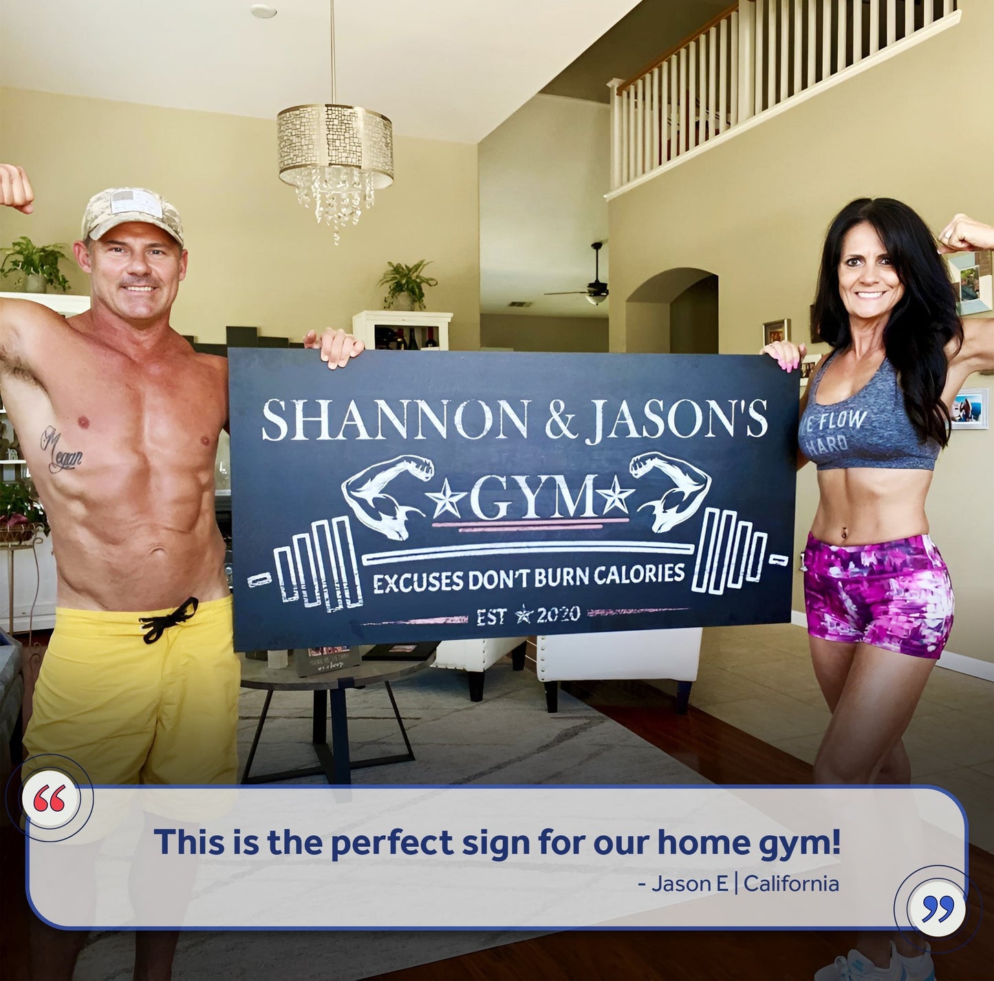 Gym Sign II canvas by Tailored Canvases; blue sign with white text Shannon & Jason's Gym on Tampa Home & Garden Store