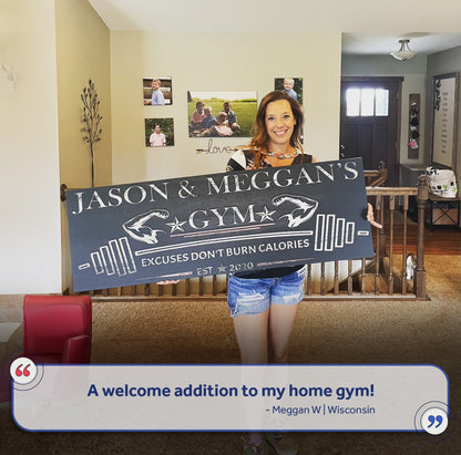 Gym Sign II canvas by Tailored Canvases; chalkboard-style sign with JASON & MEGGAN'S GYM, indoors on Tampa Home & Garden Store