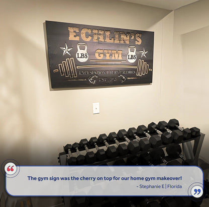 Gym Sign VIII canvas wall art featuring kettlebell icons and LBS lettering on rustic surface on Tampa Home & Garden Store