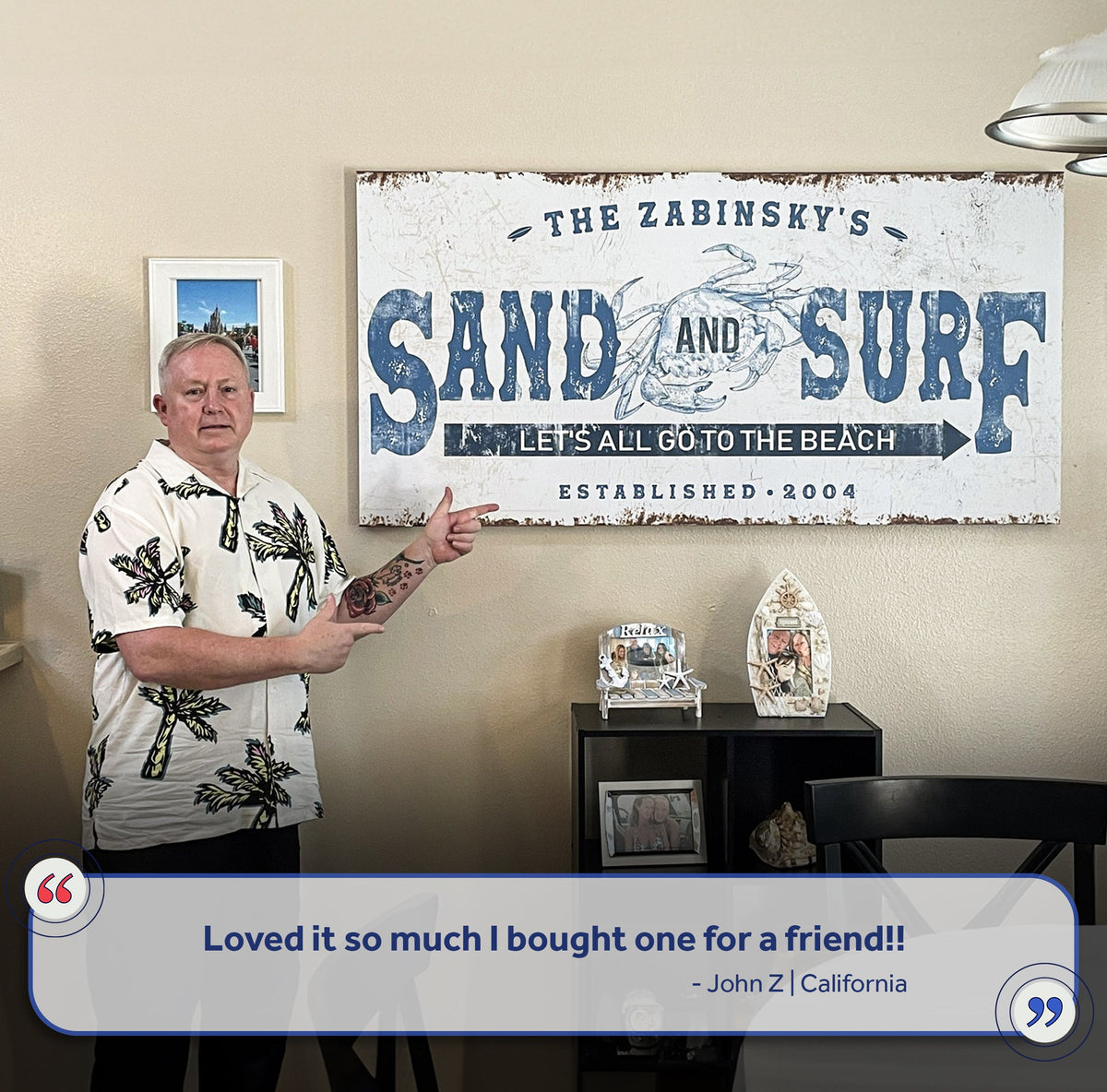 Sand And Surf sign canvas by Tailored Canvases, coastal blue and white artwork on Tampa Home & Garden Store