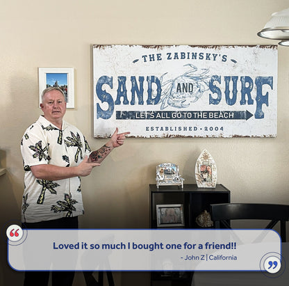 Sand And Surf sign canvas by Tailored Canvases, coastal blue and white artwork on Tampa Home & Garden Store