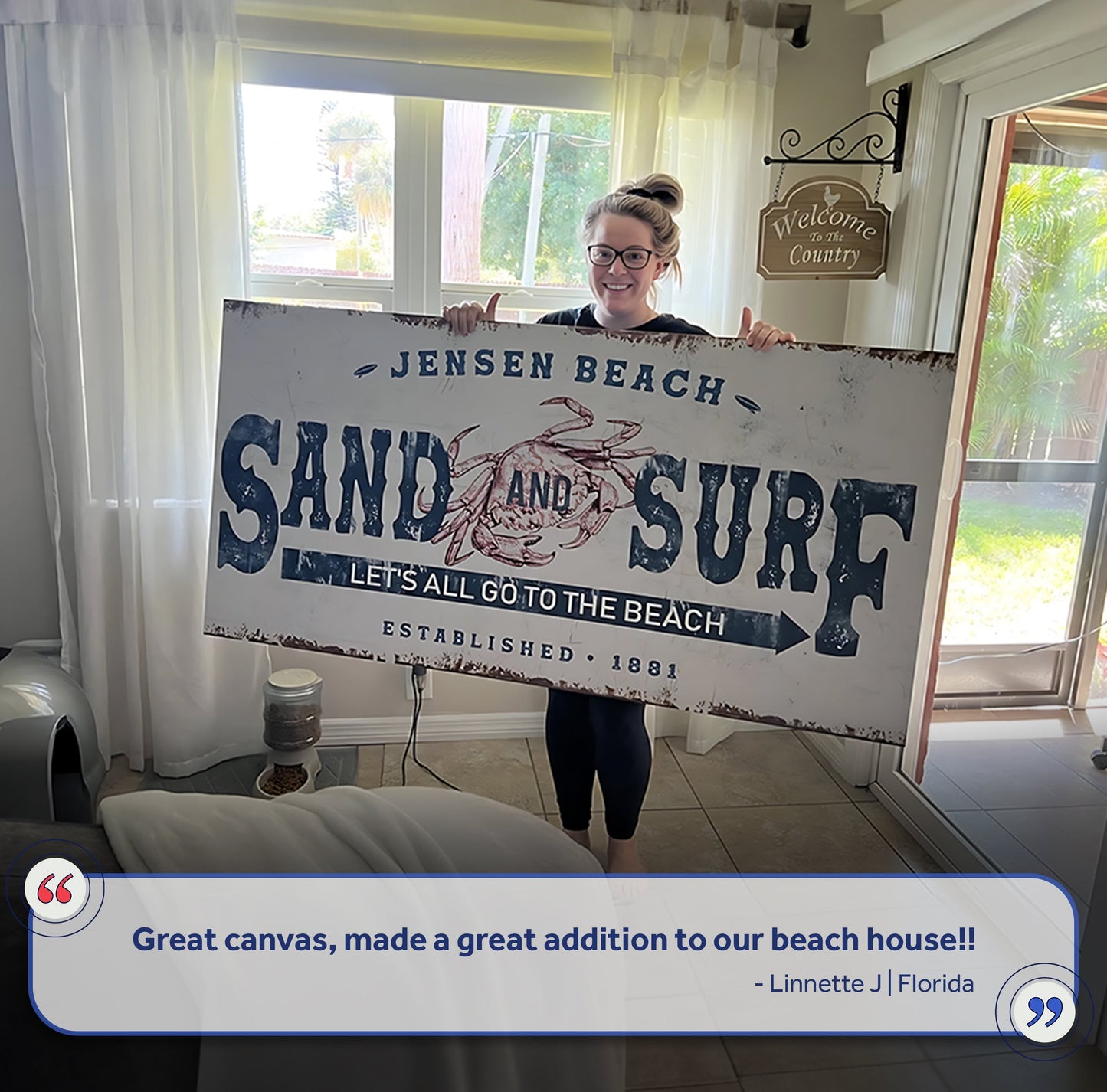 Sand And Surf Sign canvas by Tailored Canvases, distressed white board with blue lettering on Tampa Home & Garden Store