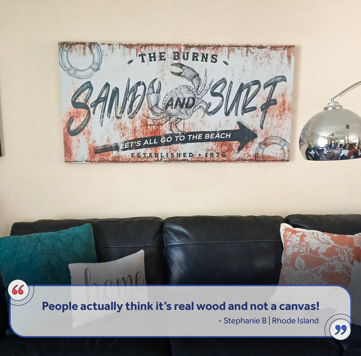 Sand And Surf Sign V canvas by Tailored Canvases, distressed beach sign with crab and lifebuoy on Tampa Home & Garden Store