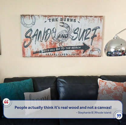 Sand And Surf Sign V canvas by Tailored Canvases, distressed beach sign with crab and lifebuoy on Tampa Home & Garden Store