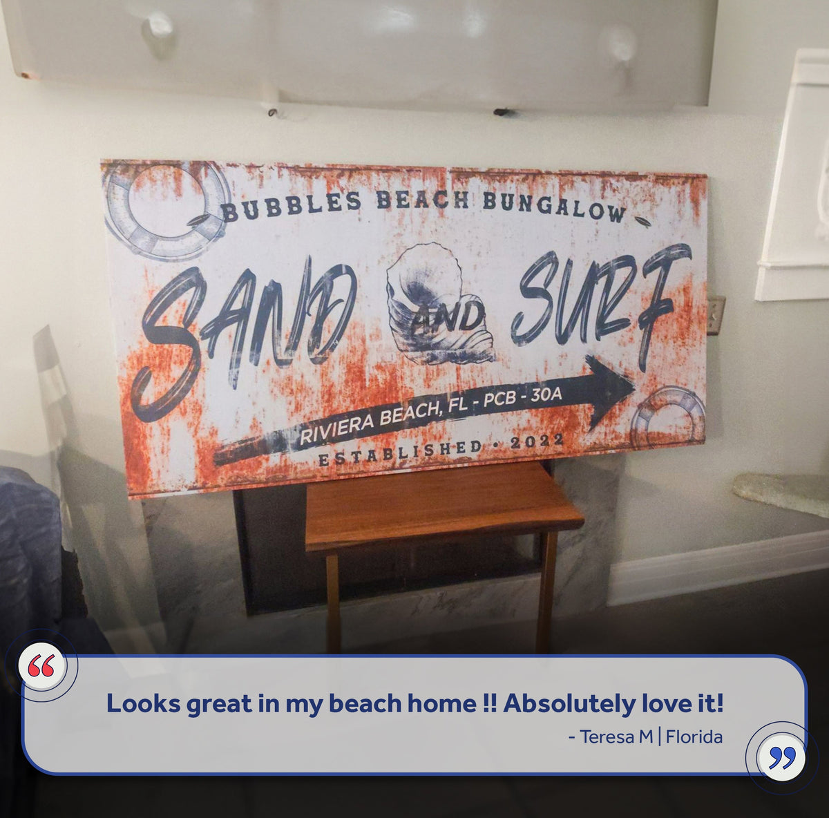 Sand And Surf Sign V canvas by Tailored Canvases with lifebuoy motif on orange backdrop on Tampa Home & Garden Store