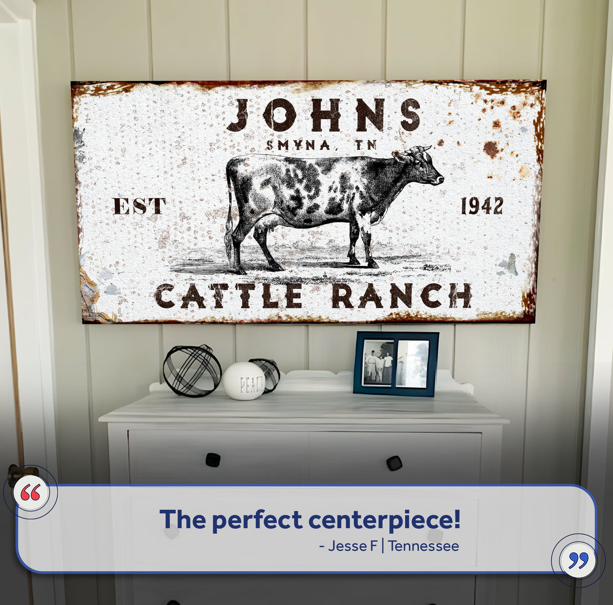 Cattle Ranch Rustic LP1 canvas crafting print with vintage cow illustration and rusted edges on Tampa Home & Garden Store