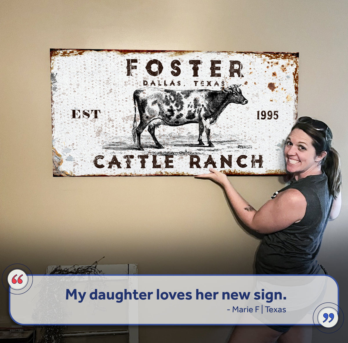 Cattle Ranch Rustic LP1 canvas sign with distressed white panel and cow illustration on Tampa Home & Garden Store
