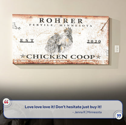 Chicken Coop Sign V canvas with distressed white rust texture and two roosters on Tampa Home & Garden Store