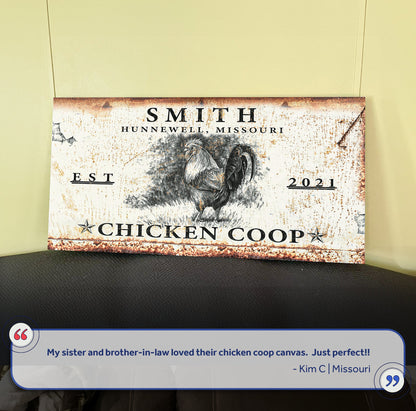 Chicken Coop Sign VI canvas by Tailored Canvases with rustic distressed print and rooster image on Tampa Home & Garden Store